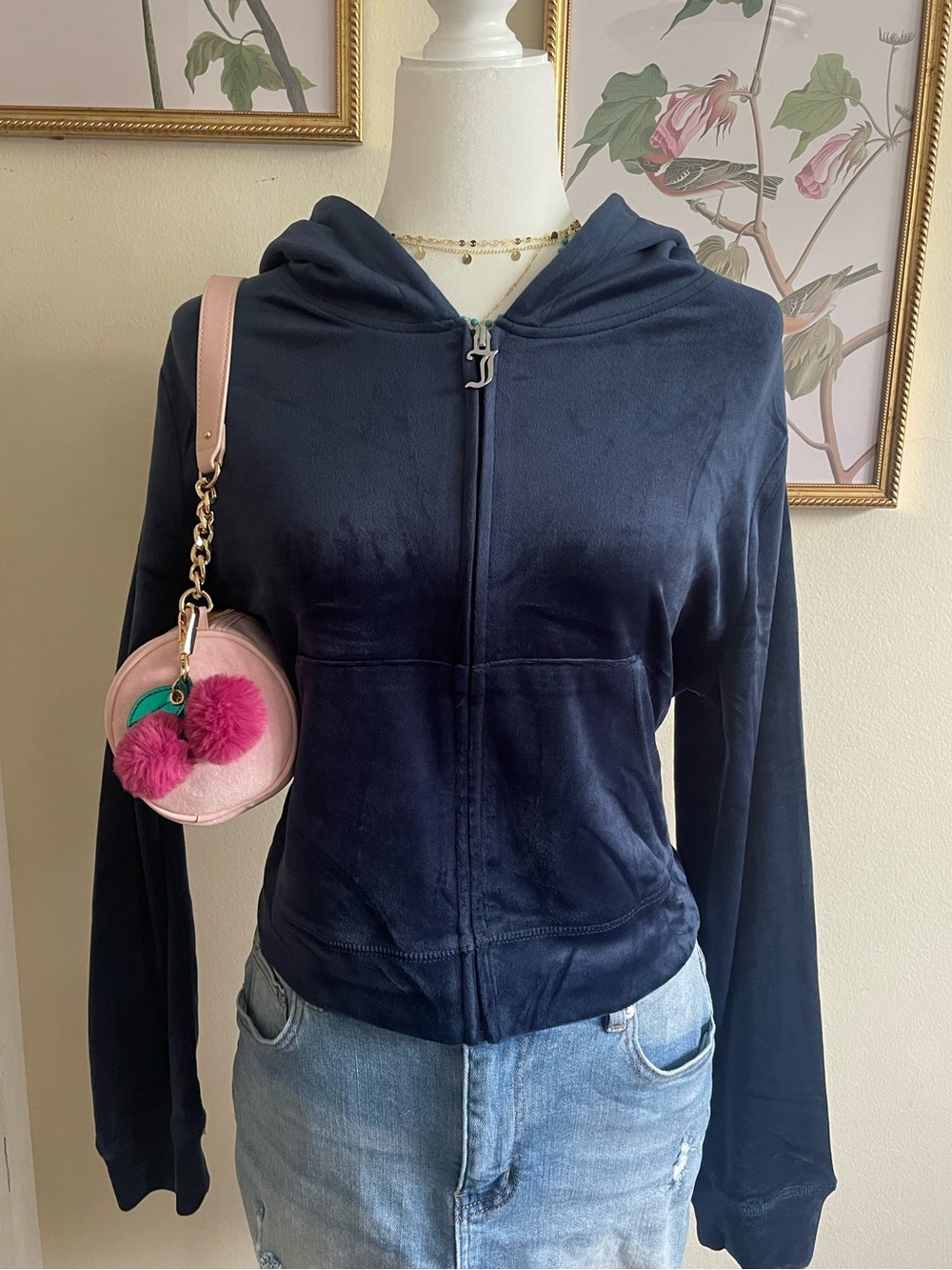 Juicy Couture Velour Navy Hooded Zip Front sweater - Women